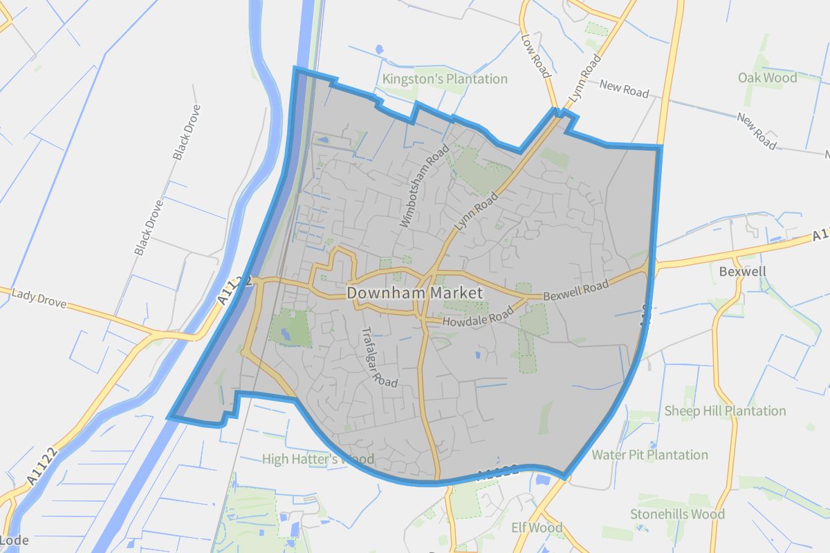 Downham Market geographic boundaries light outline