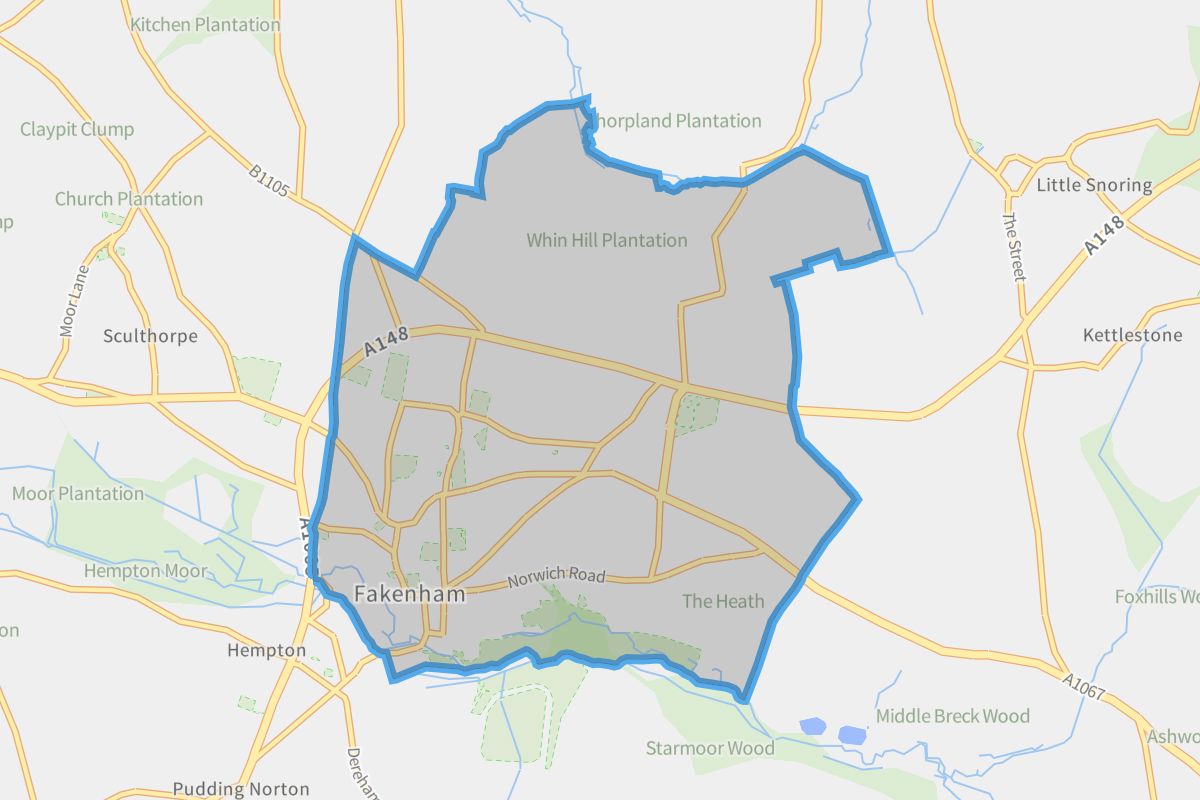 Fakenham geographic boundaries light outline