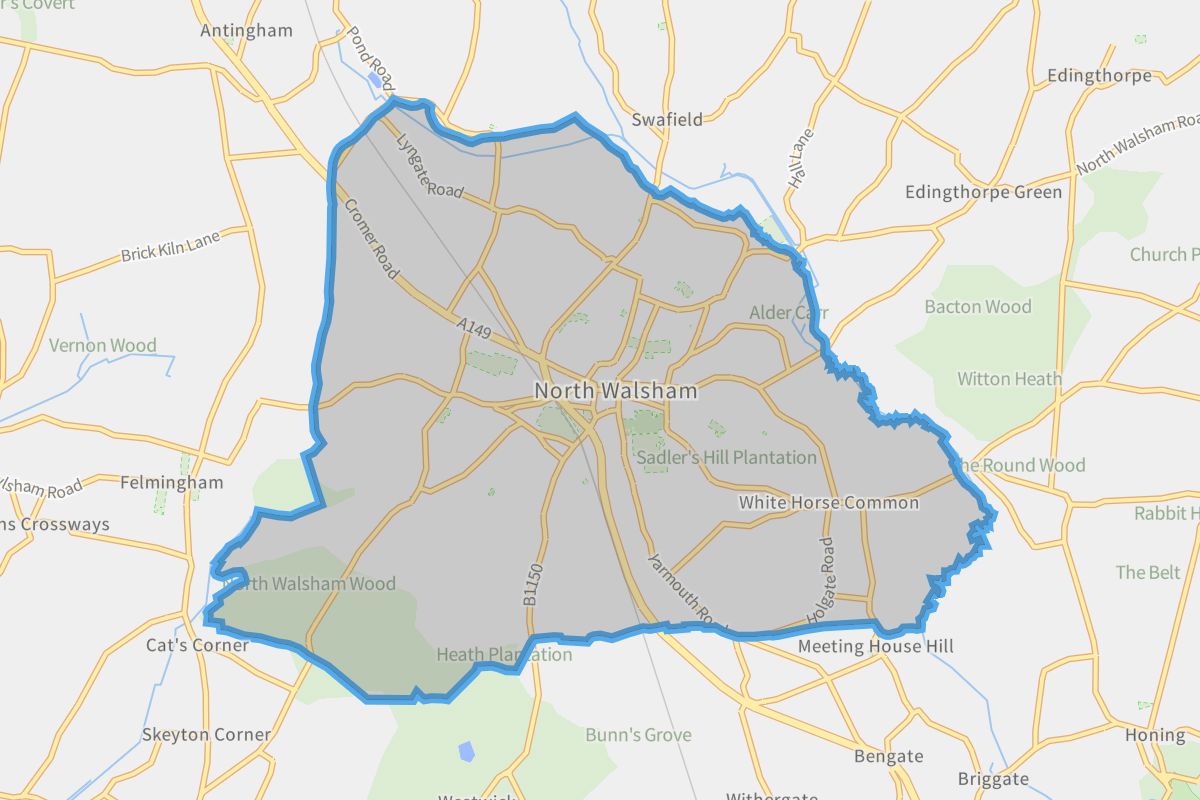 North Walsham geographic boundaries light outline