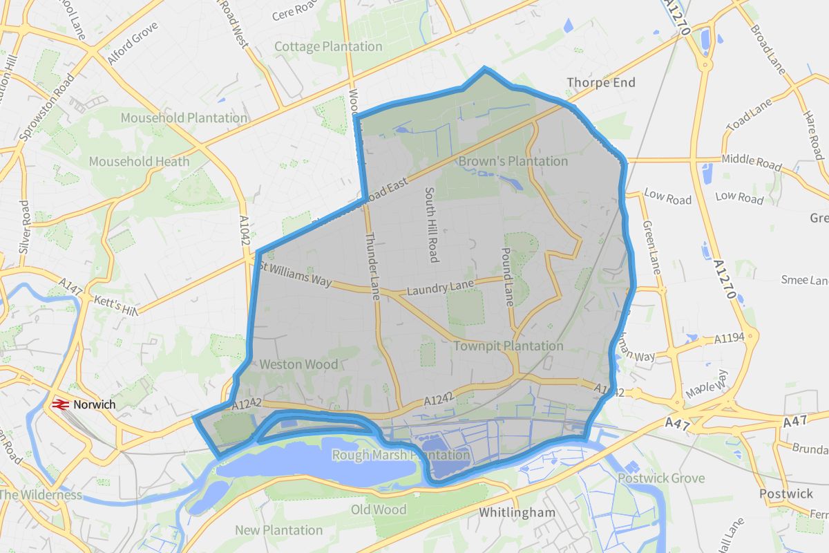 Thorpe St. Andrew geographic boundaries light outline