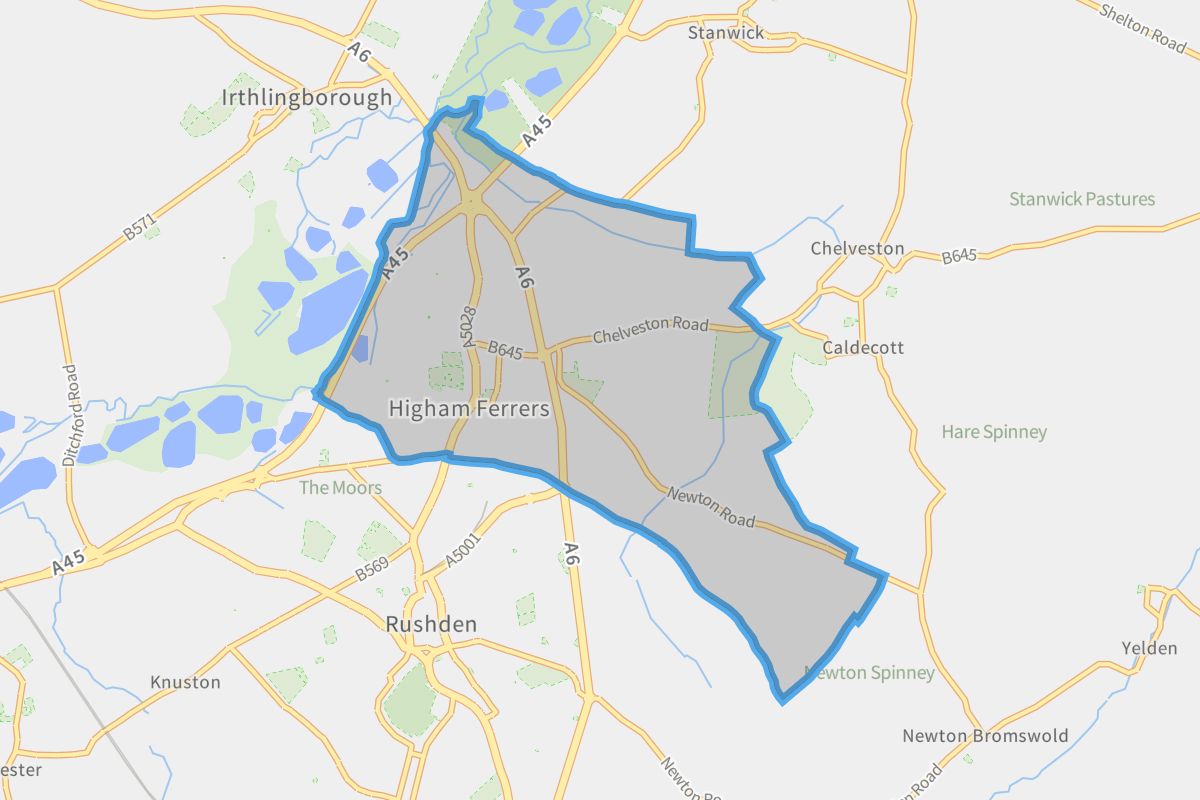 Higham Ferrers geographic boundaries light outline