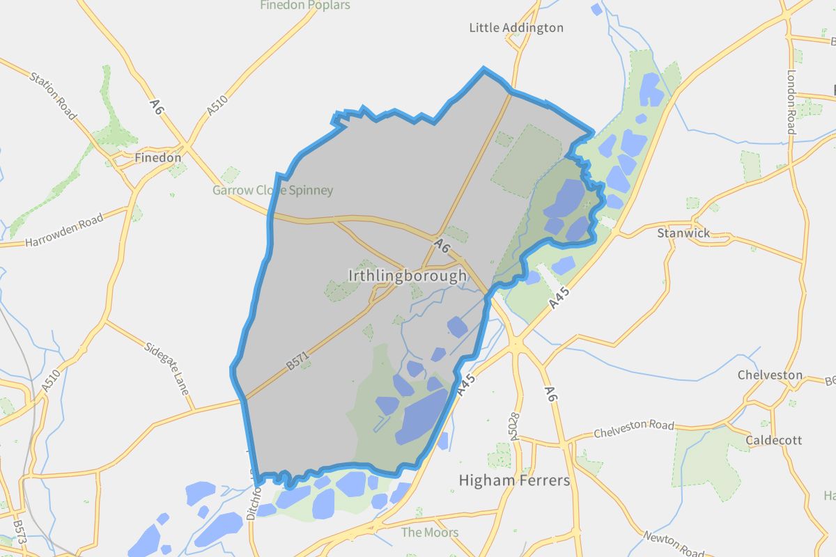 Irthlingborough geographic boundaries light outline