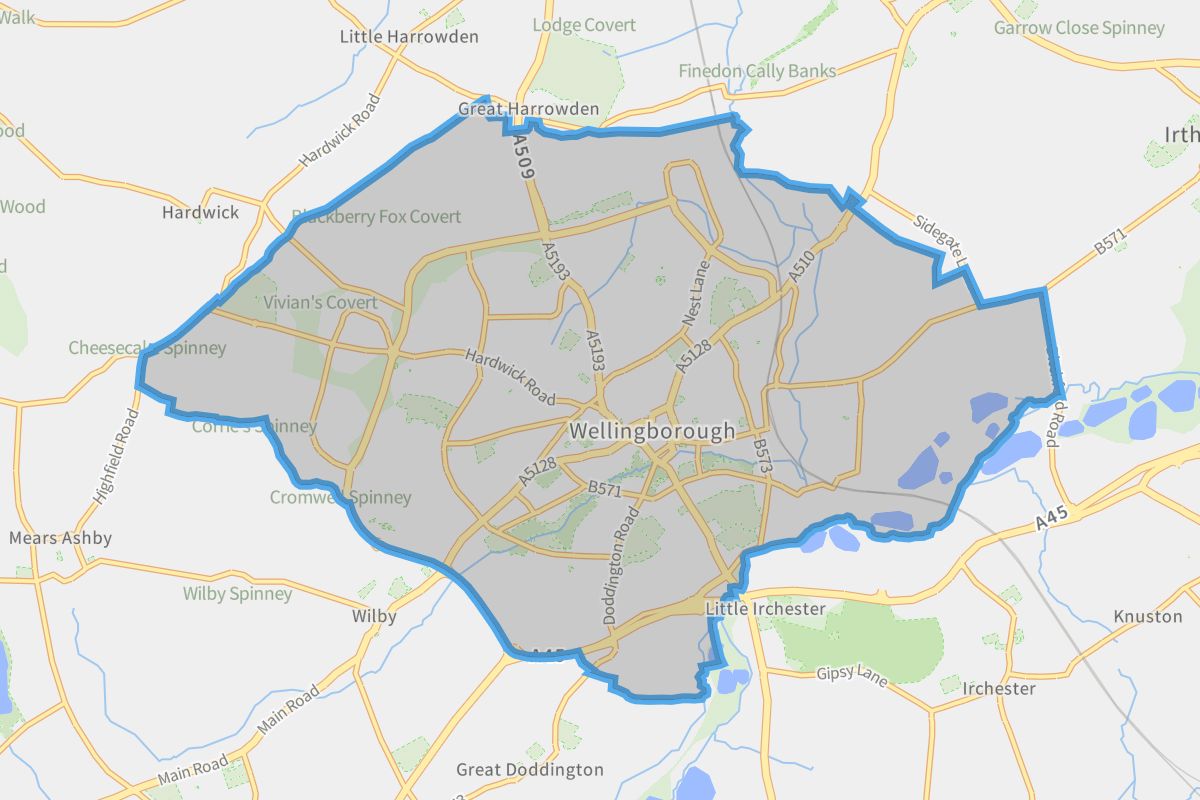 Wellingborough geographic boundaries light outline