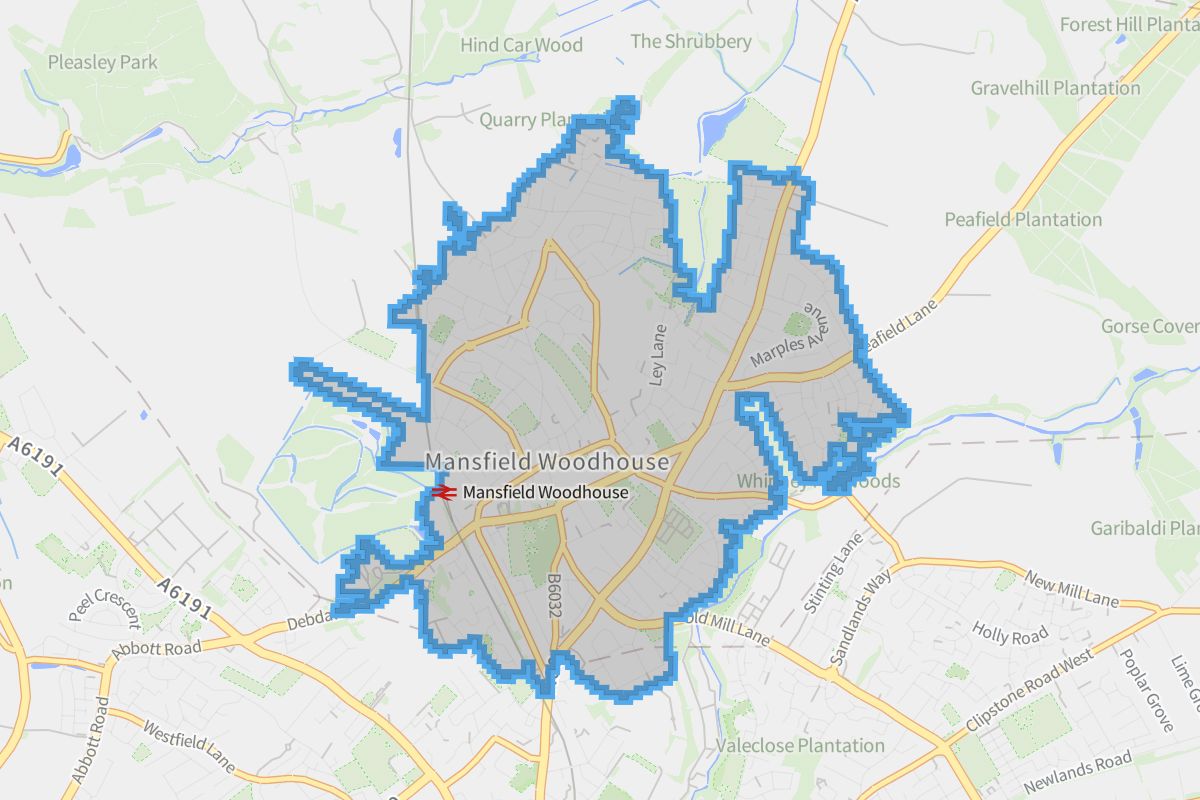 Mansfield Woodhouse geographic boundaries light outline
