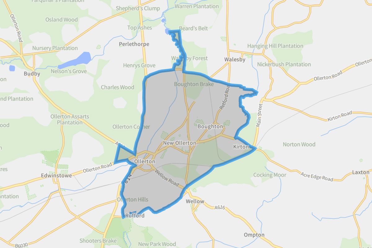 Ollerton and Boughton geographic boundaries light outline