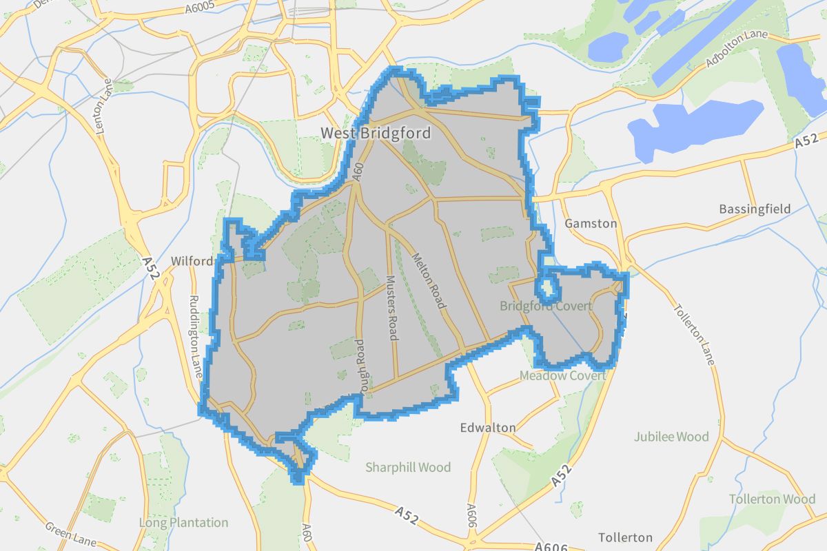 West Bridgford geographic boundaries light outline