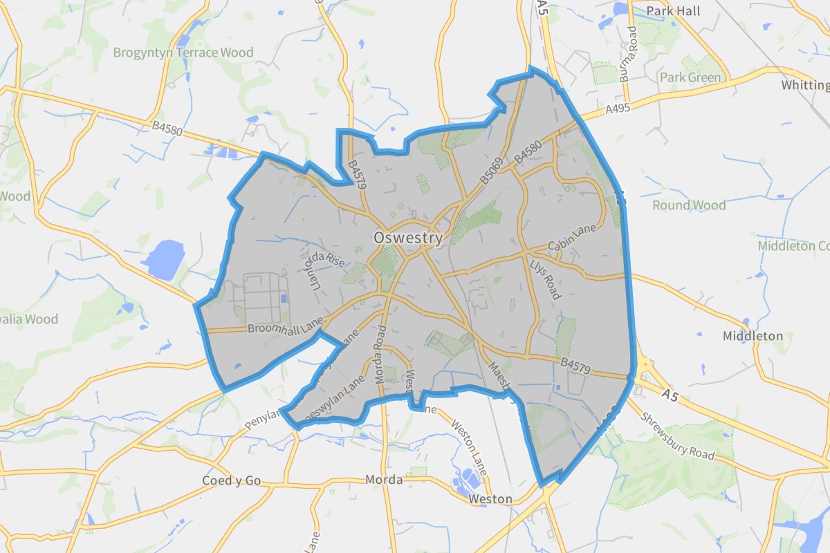 Oswestry geographic boundaries light outline