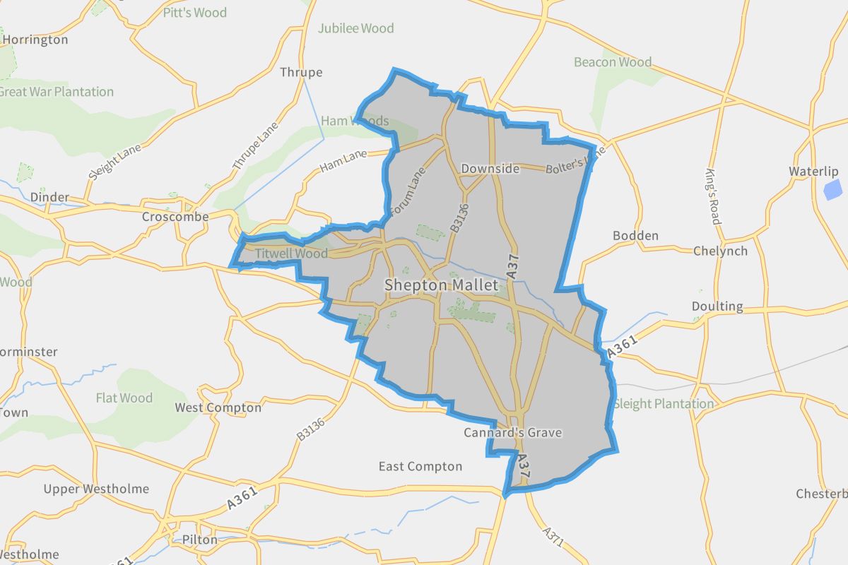Shepton Mallet geographic boundaries light outline