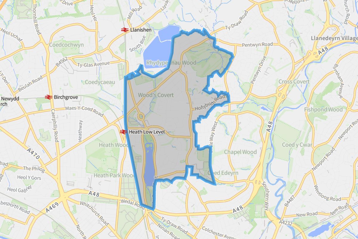 Cyncoed geographic boundaries light outline