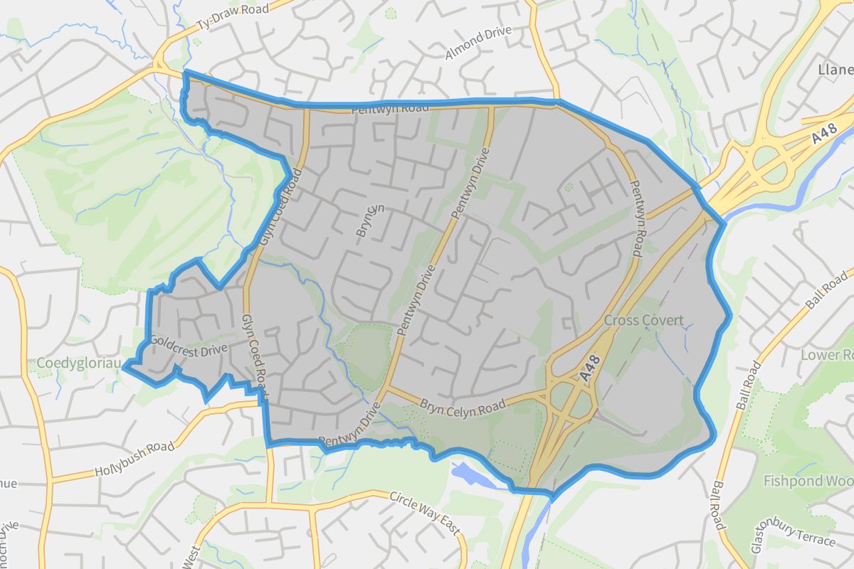 Pentwyn geographic boundaries light outline
