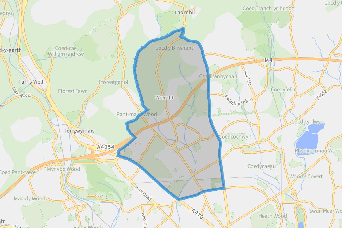 Rhiwbina geographic boundaries light outline