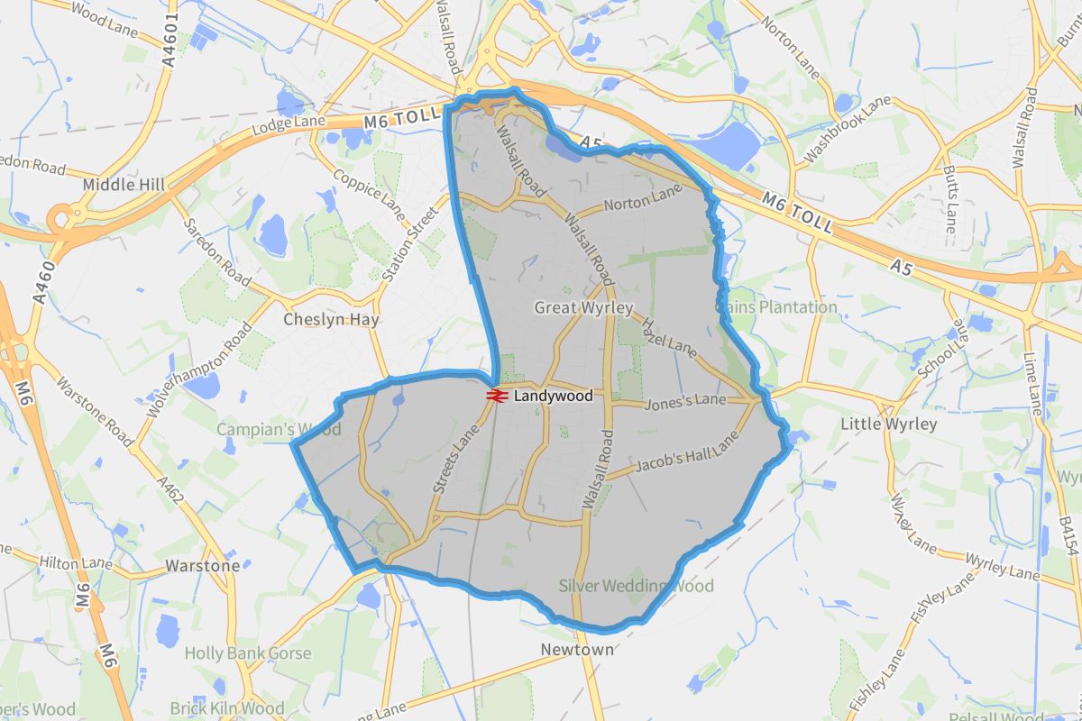 Great Wyrley geographic boundaries light outline