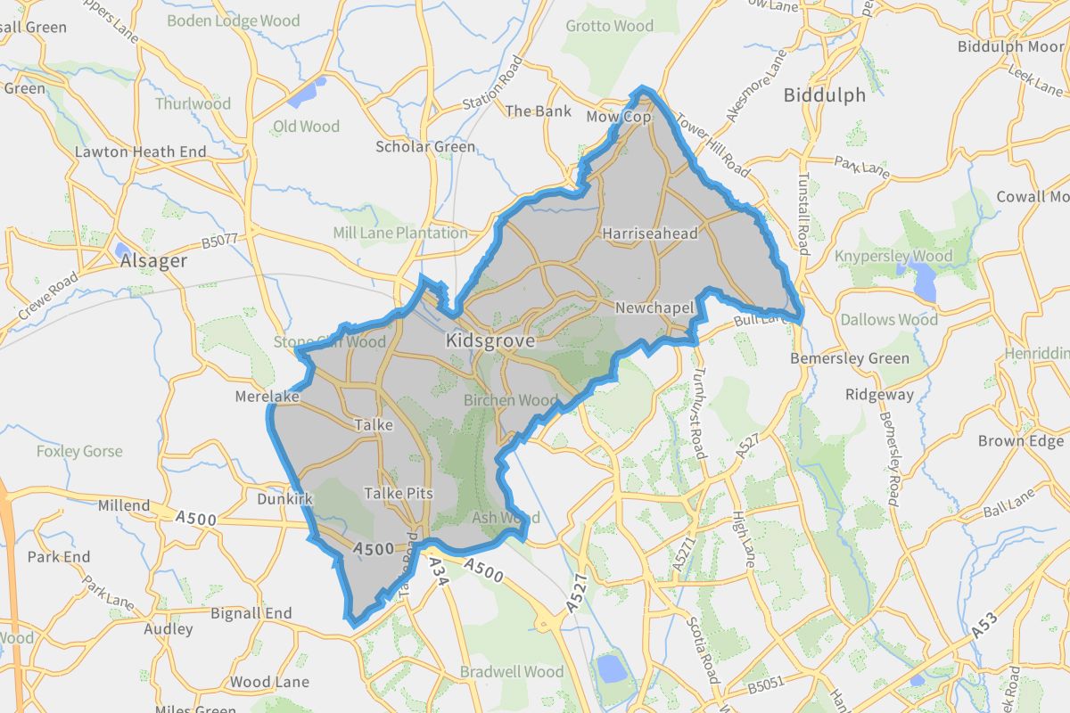 Kidsgrove geographic boundaries light outline