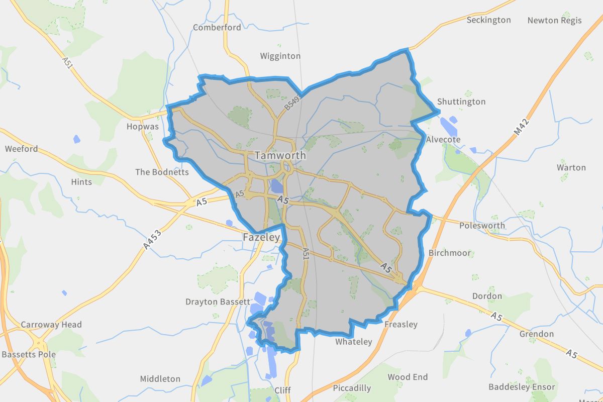 Tamworth geographic boundaries light outline