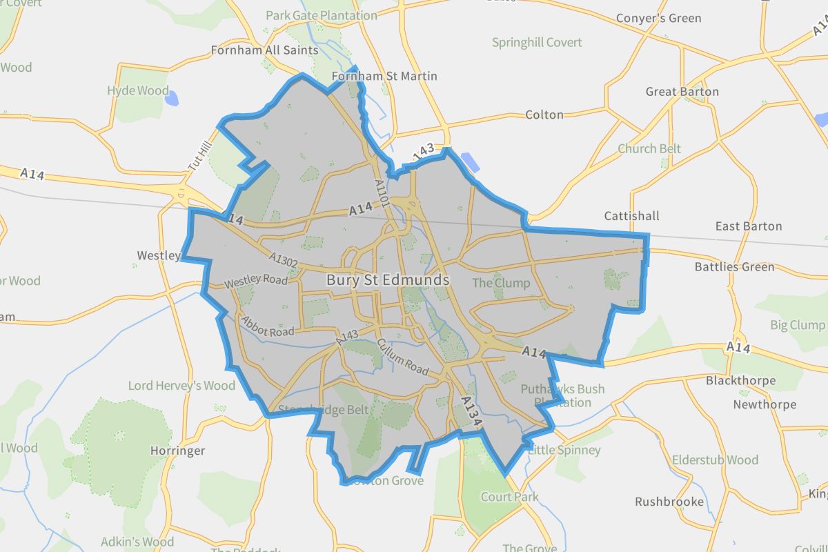 Bury St Edmunds geographic boundaries light outline