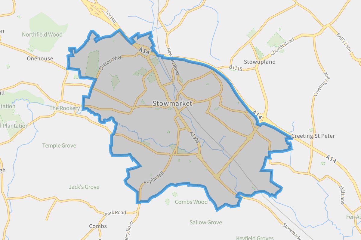 Stowmarket geographic boundaries light outline