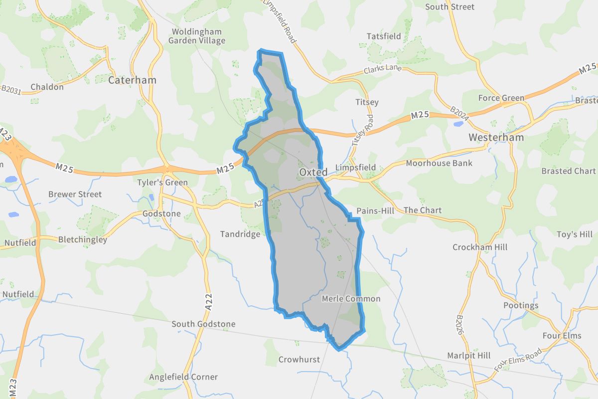 Oxted geographic boundaries light outline