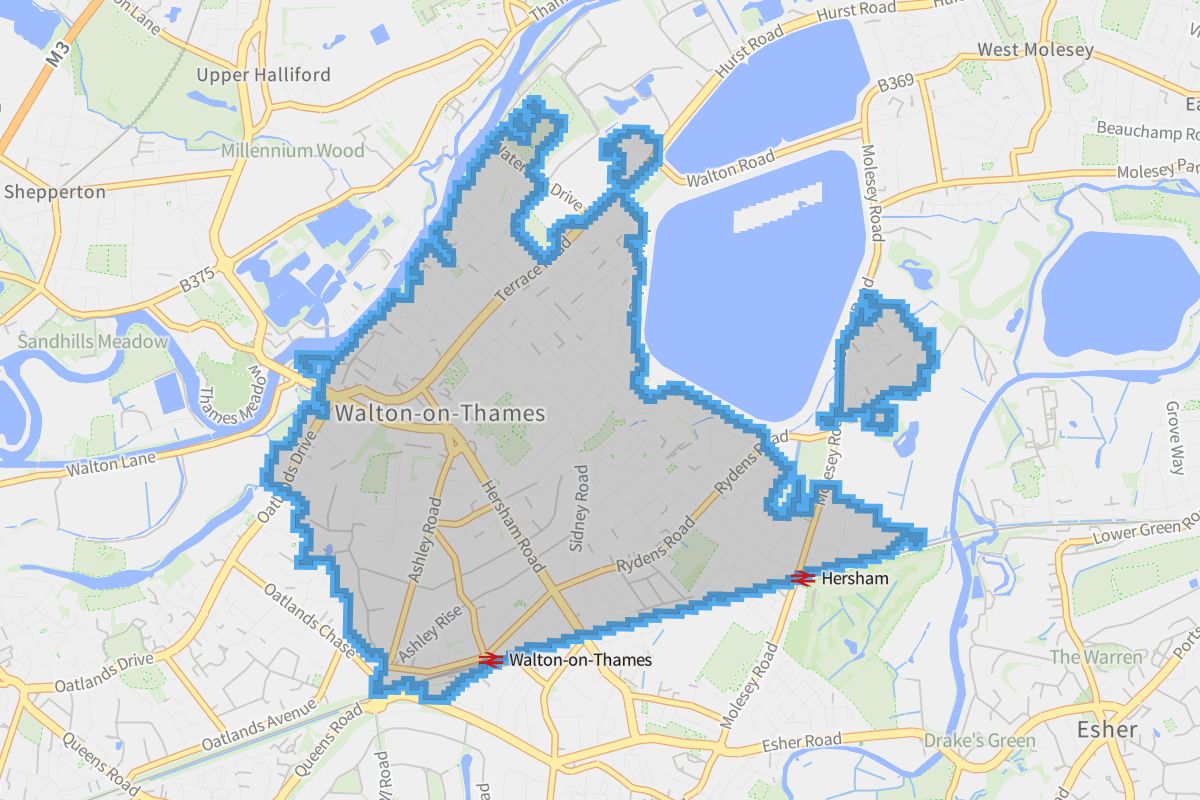 Walton-on-Thames geographic boundaries light outline