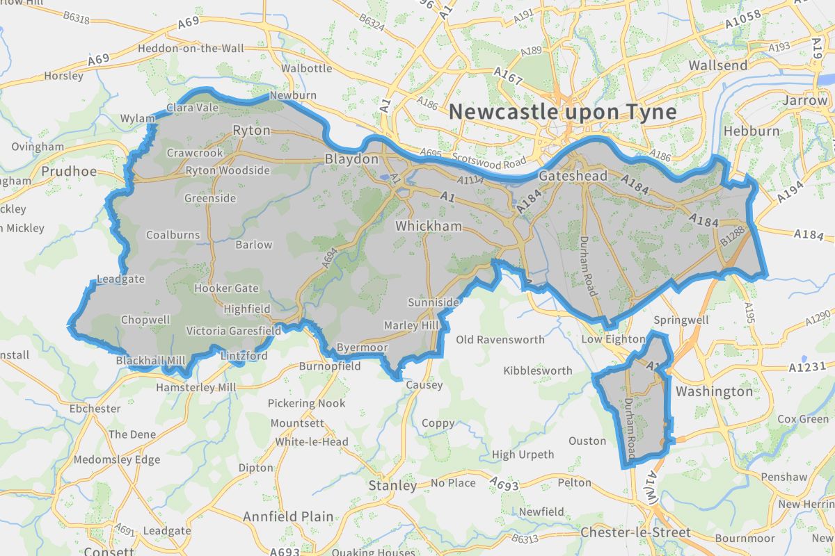 Gateshead geographic boundaries light outline
