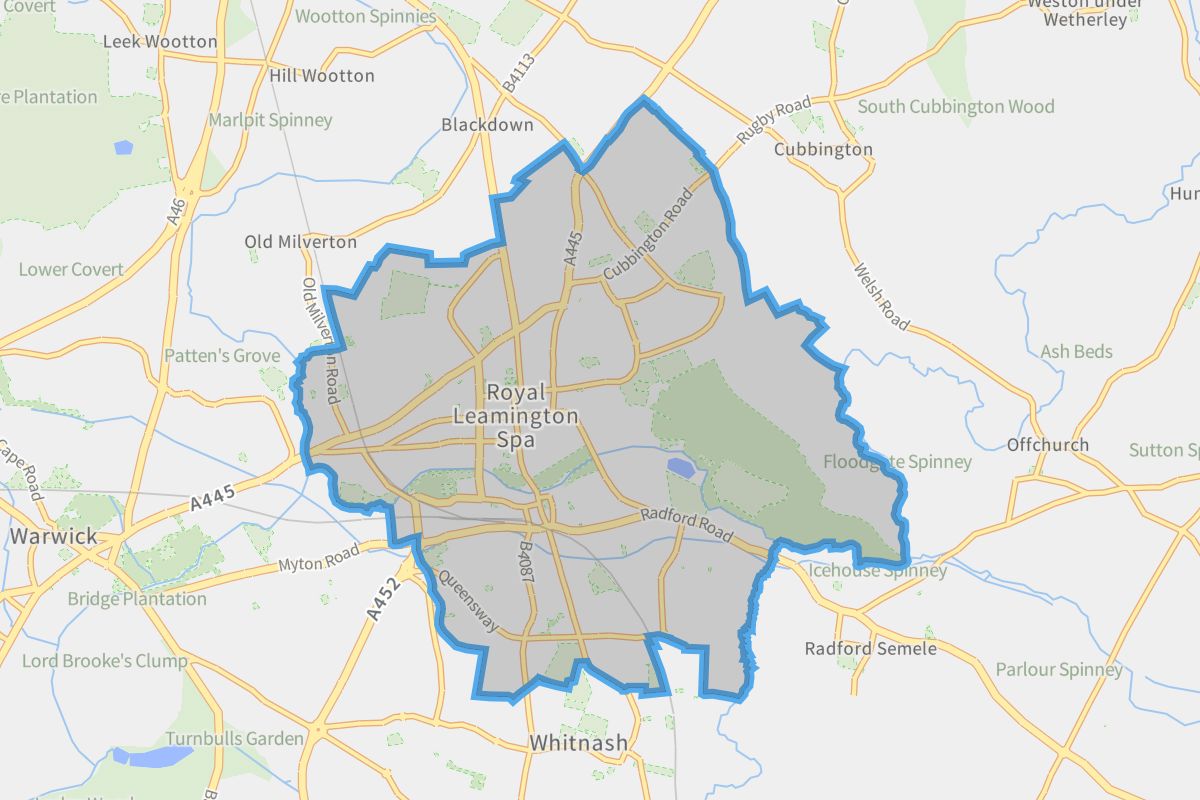 Royal Leamington Spa geographic boundaries light outline