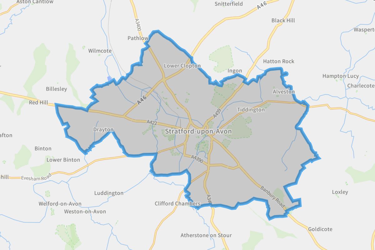 Stratford-upon-Avon geographic boundaries light outline