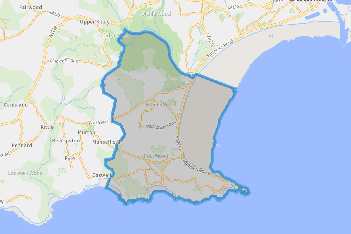 Mumbles geographic boundaries light outline