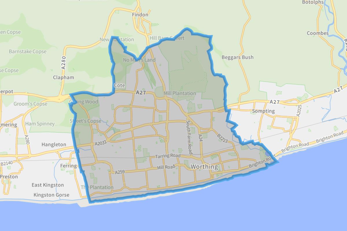 Worthing geographic boundaries light outline