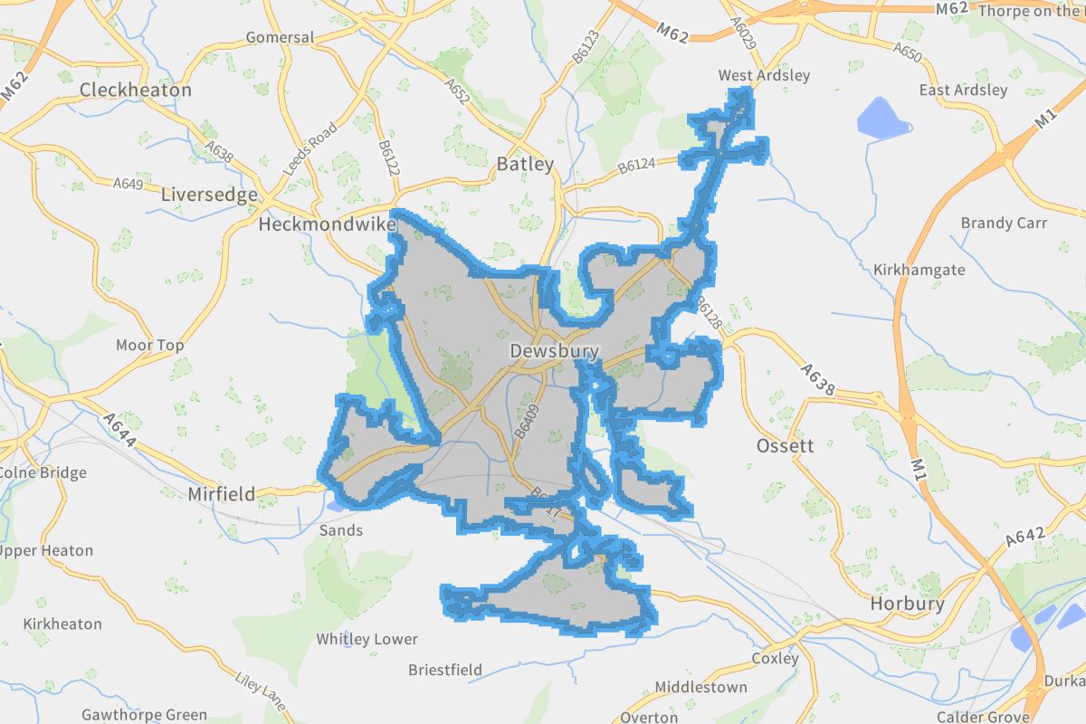 Dewsbury geographic boundaries light outline