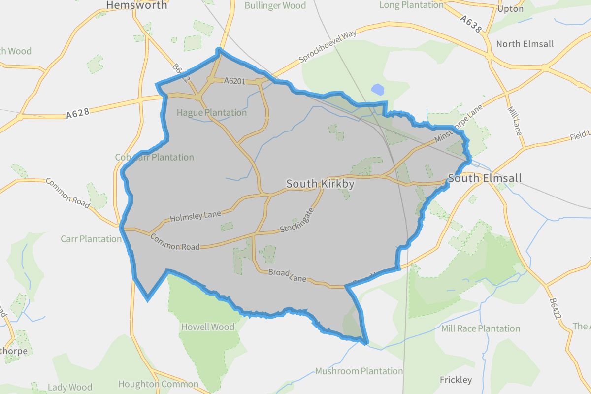 South Kirkby and Moorthorpe geographic boundaries light outline