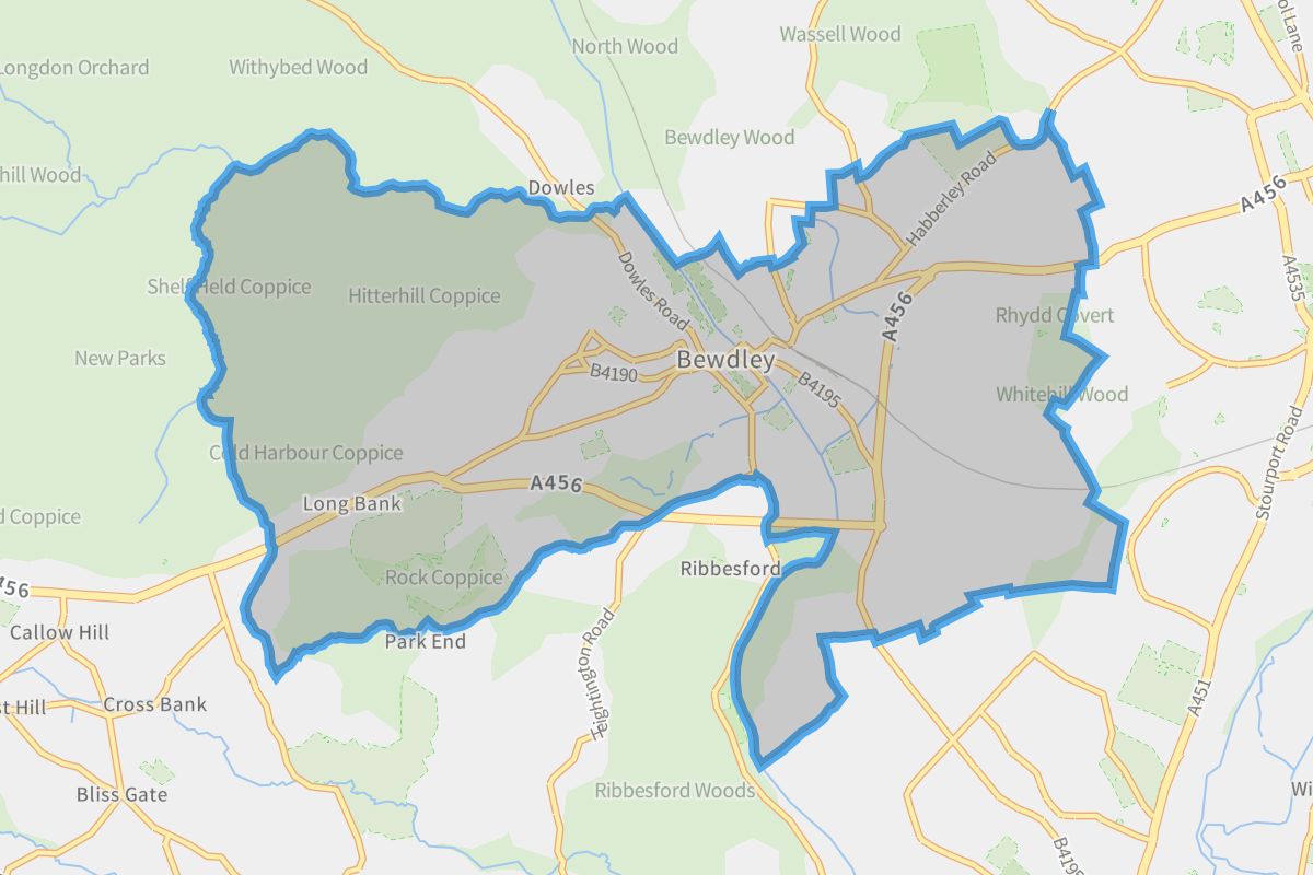 Bewdley geographic boundaries light outline