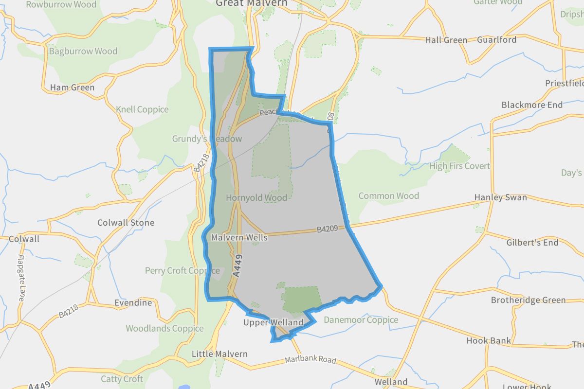 Malvern Wells geographic boundaries light outline
