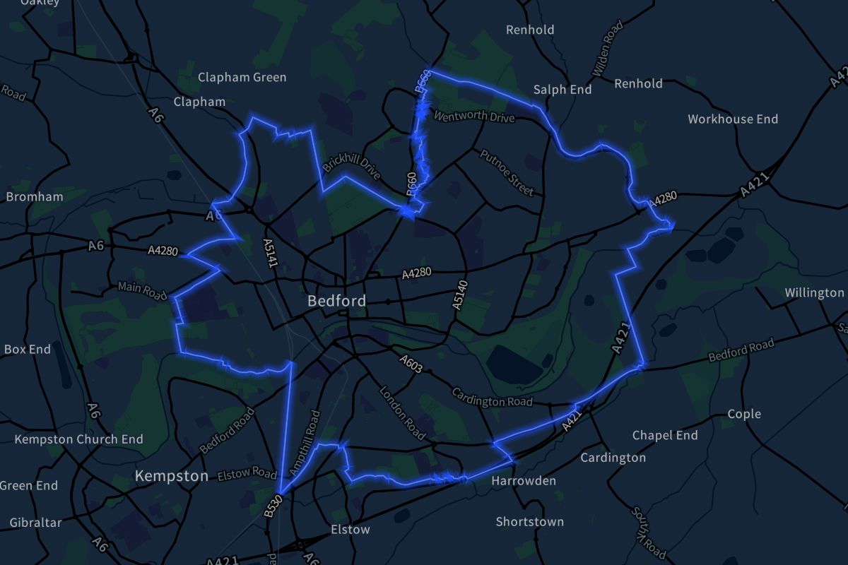 Bedford geographic boundaries dark outline