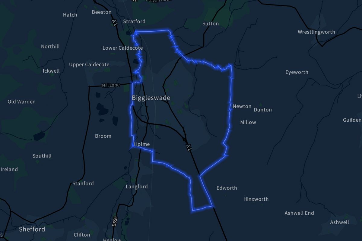 Biggleswade geographic boundaries dark outline
