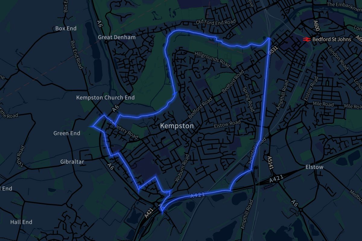 Kempston geographic boundaries dark outline