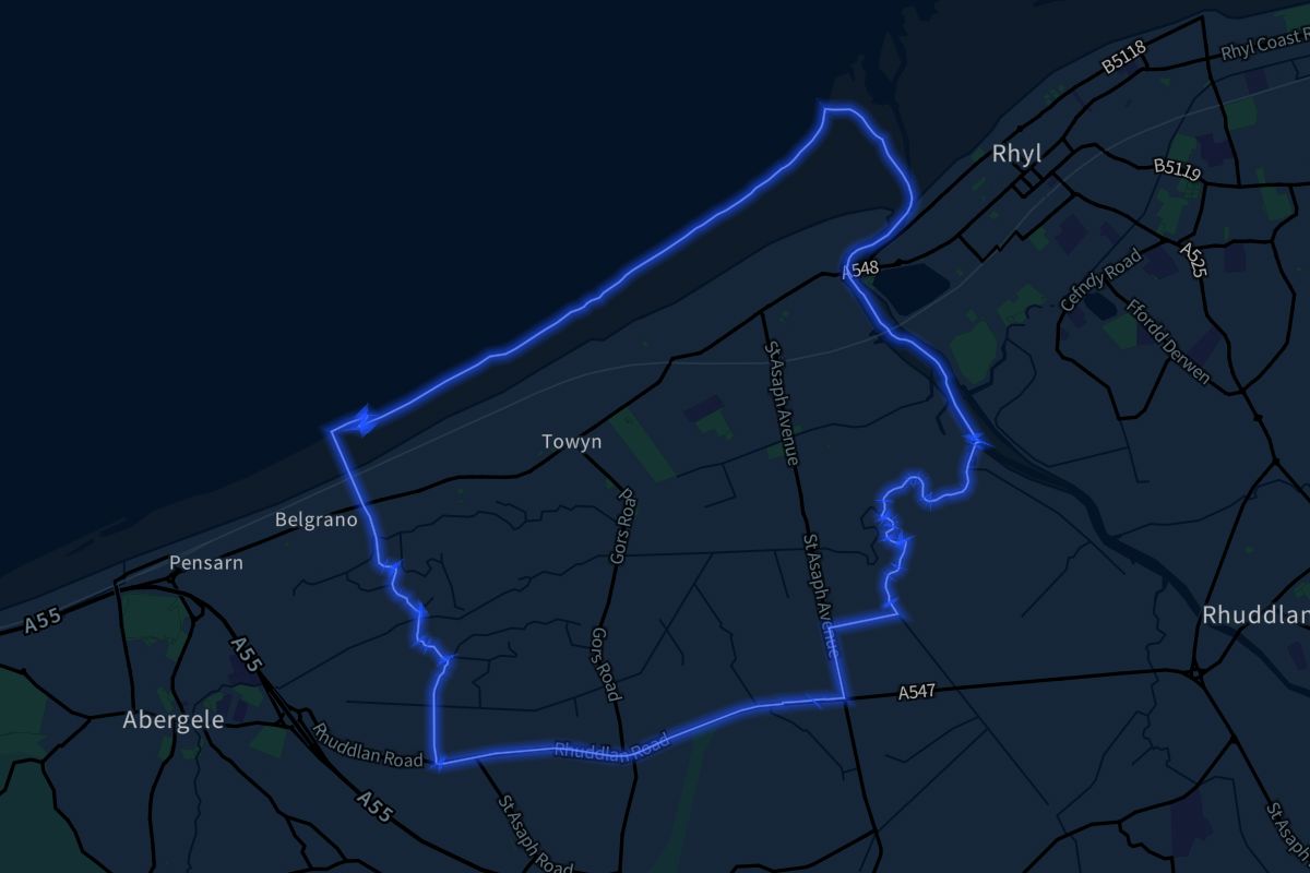 Kinmel Bay and Towyn geographic boundaries dark outline