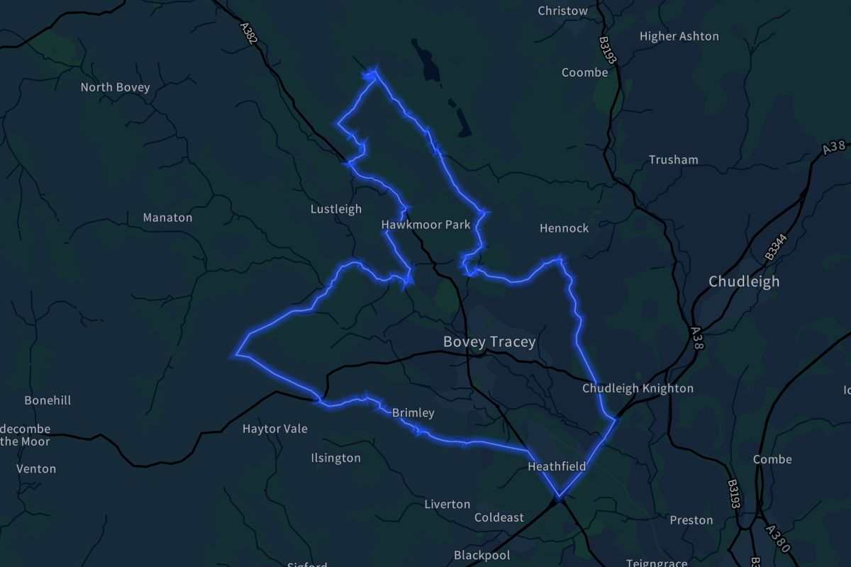 Bovey Tracey geographic boundaries dark outline
