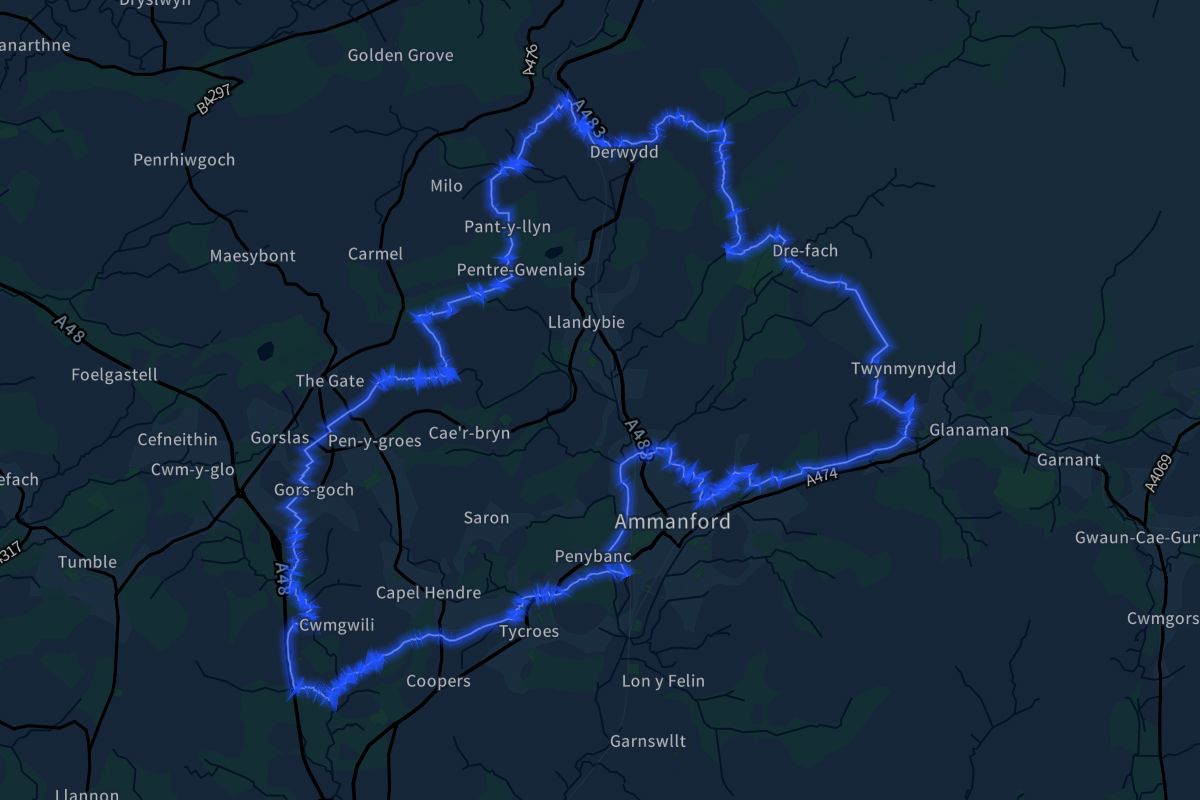 Llandybie geographic boundaries dark outline