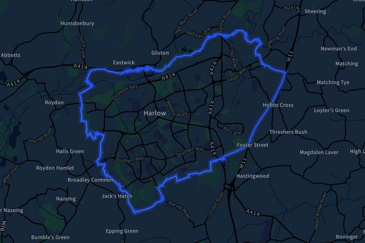 Harlow geographic boundaries dark outline