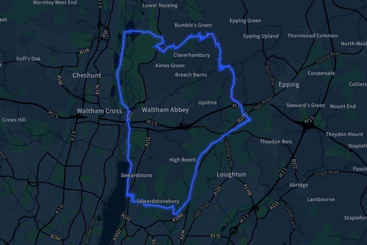 Waltham Abbey geographic boundaries dark outline