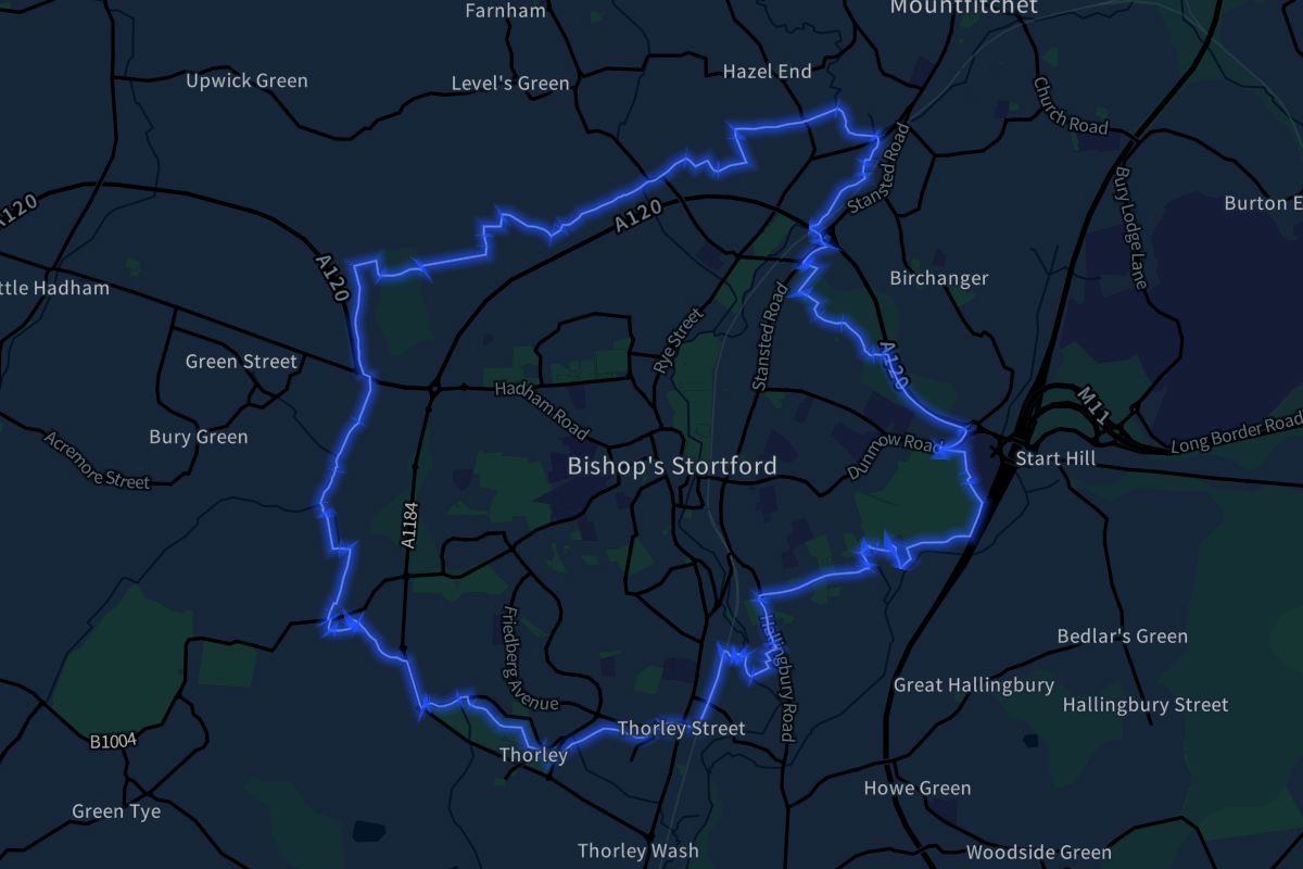 Bishop's Stortford geographic boundaries dark outline