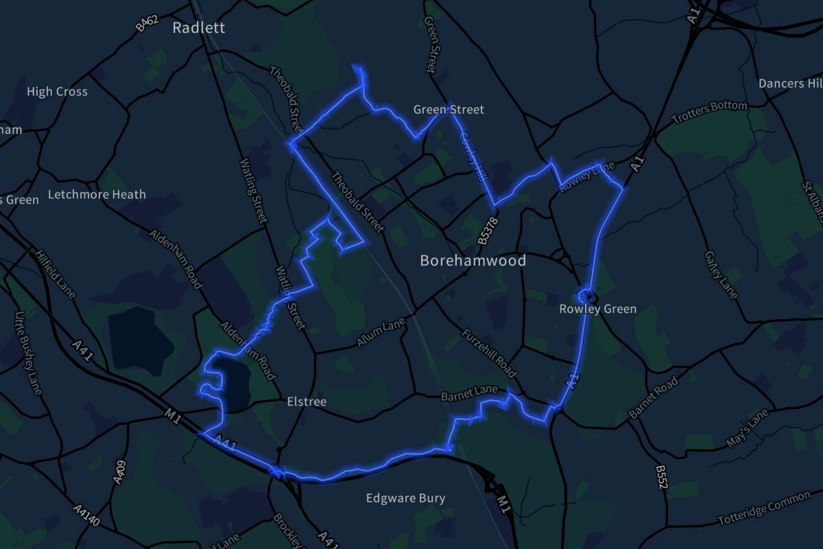 Elstree and Borehamwood geographic boundaries dark outline