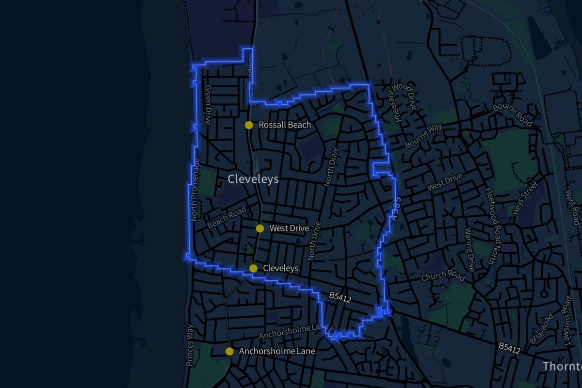 Cleveleys geographic boundaries dark outline