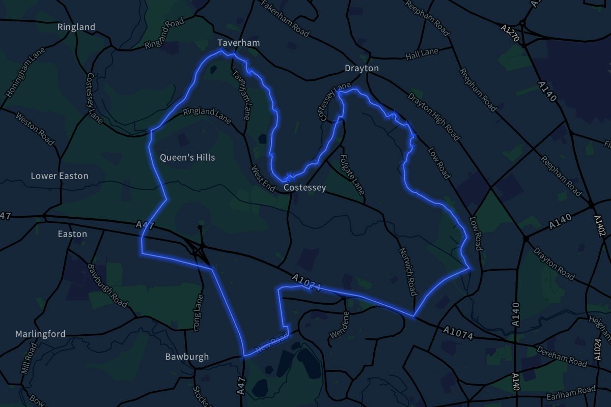 Costessey geographic boundaries dark outline