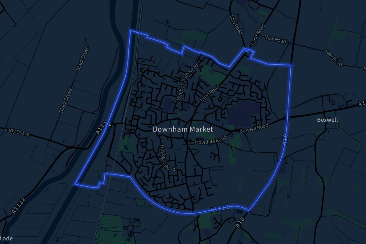Downham Market geographic boundaries dark outline