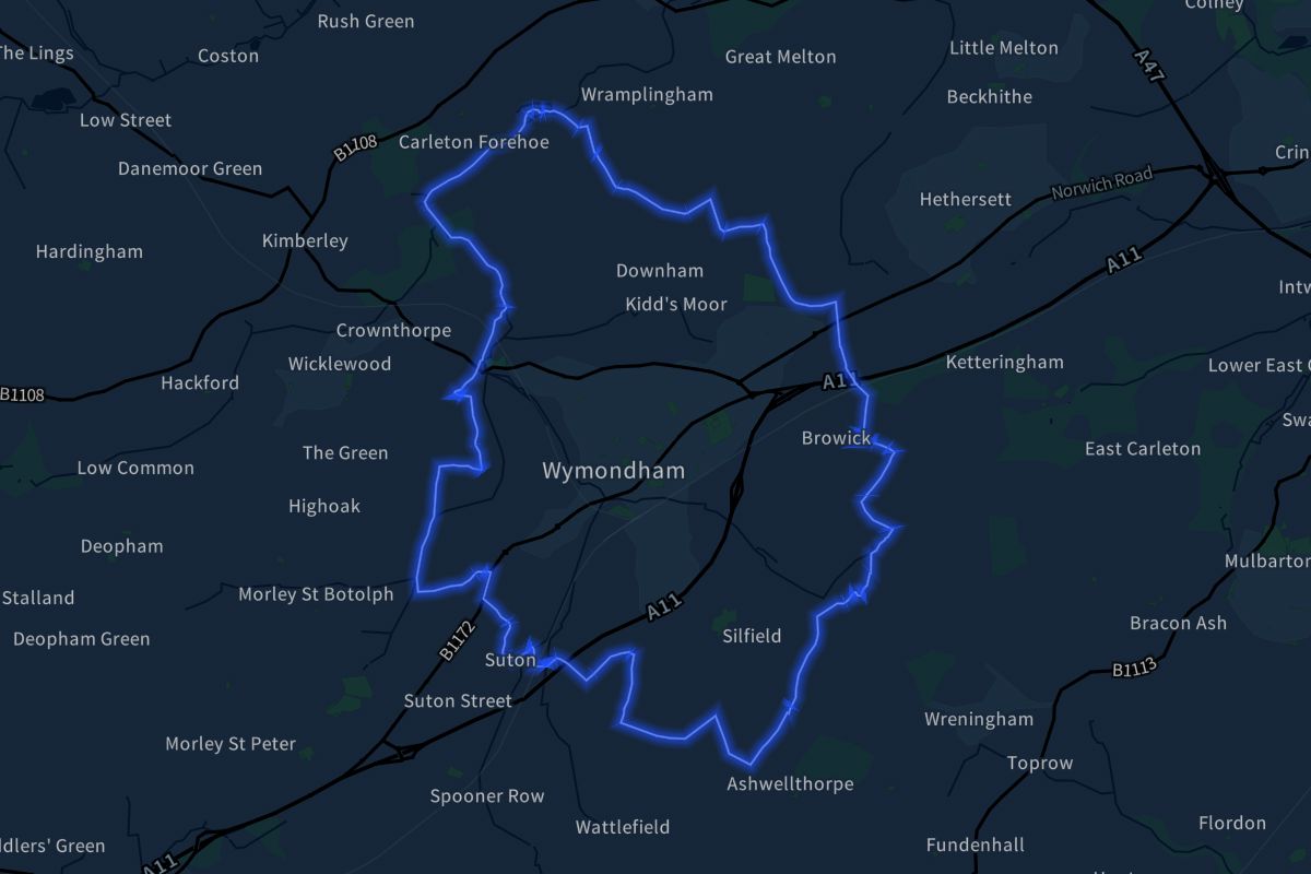 Wymondham geographic boundaries dark outline