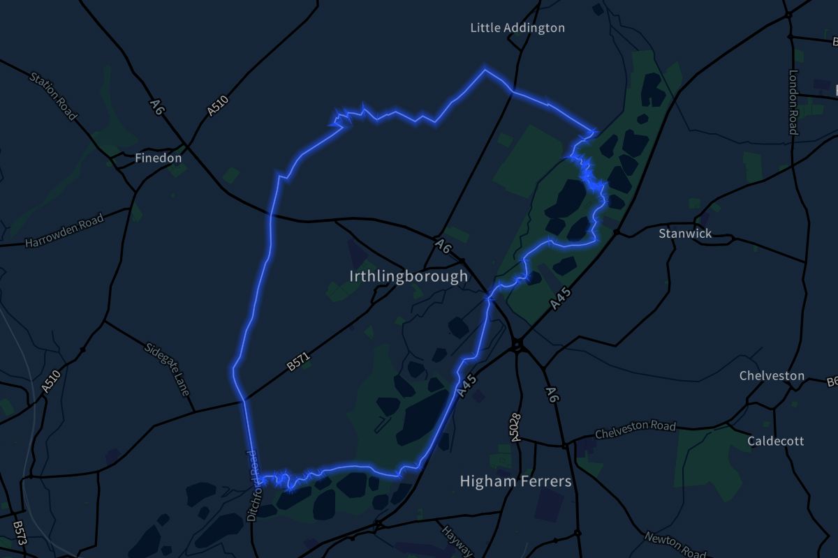 Irthlingborough geographic boundaries dark outline