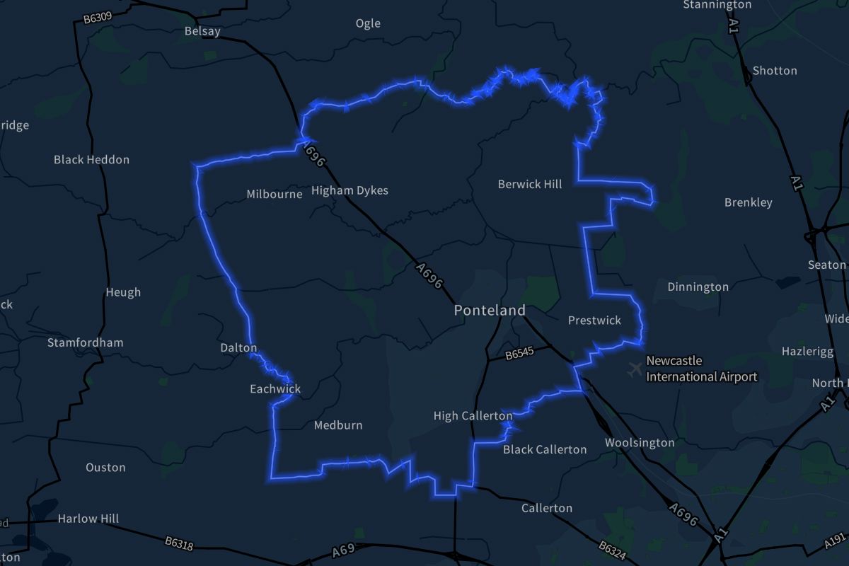 Ponteland geographic boundaries dark outline