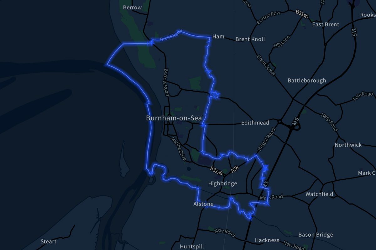 Burnham-on-Sea and Highbridge geographic boundaries dark outline