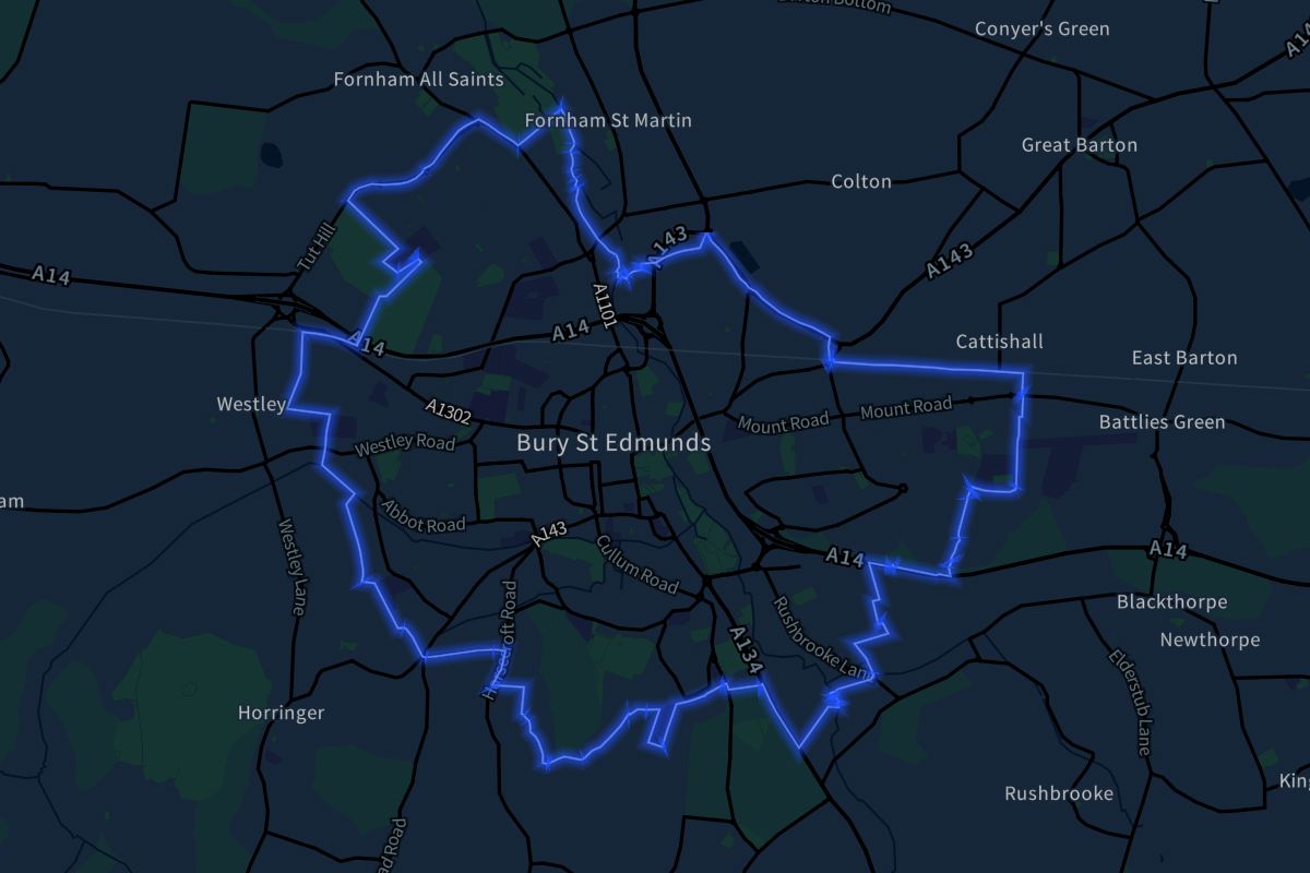Bury St Edmunds geographic boundaries dark outline