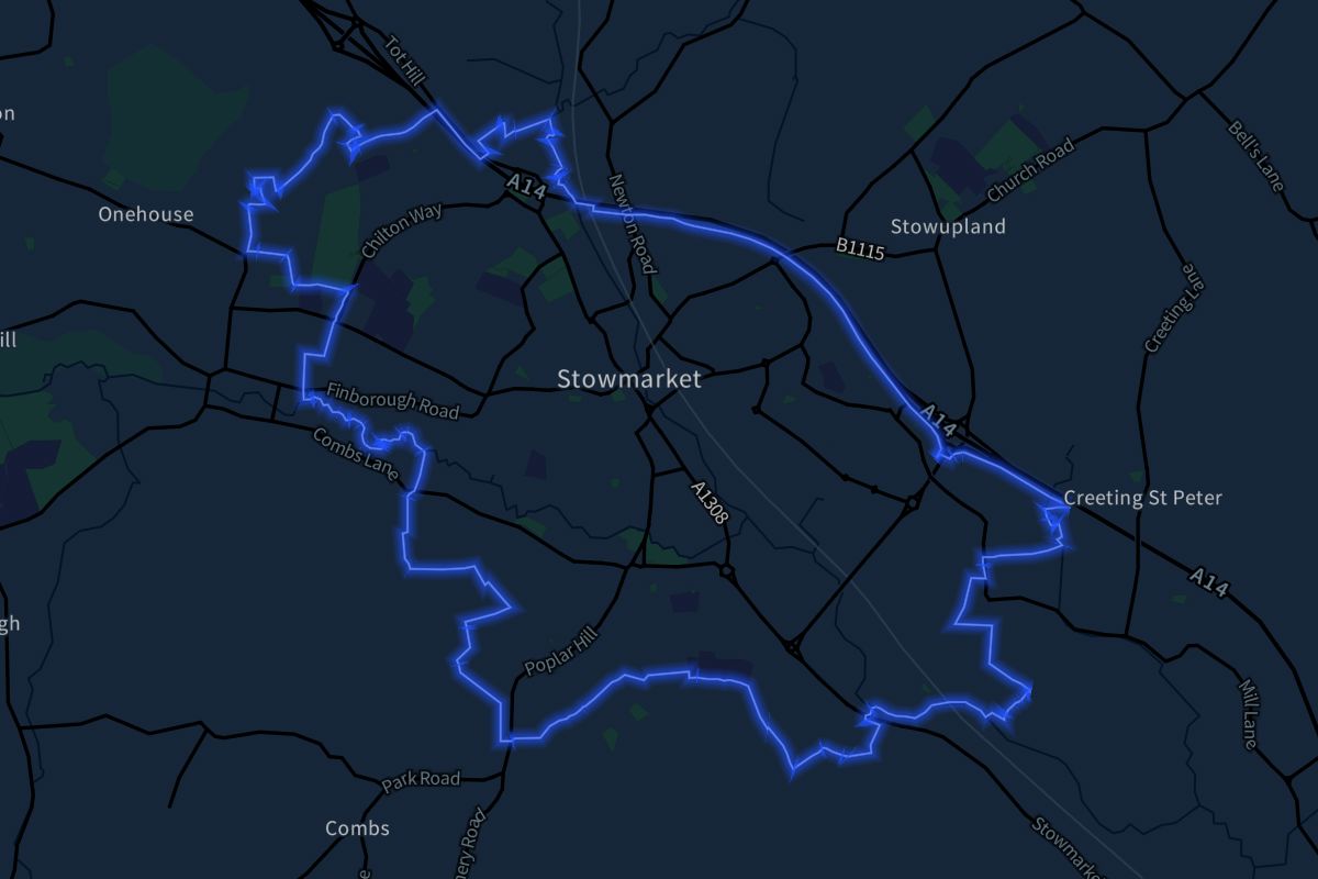 Stowmarket geographic boundaries dark outline